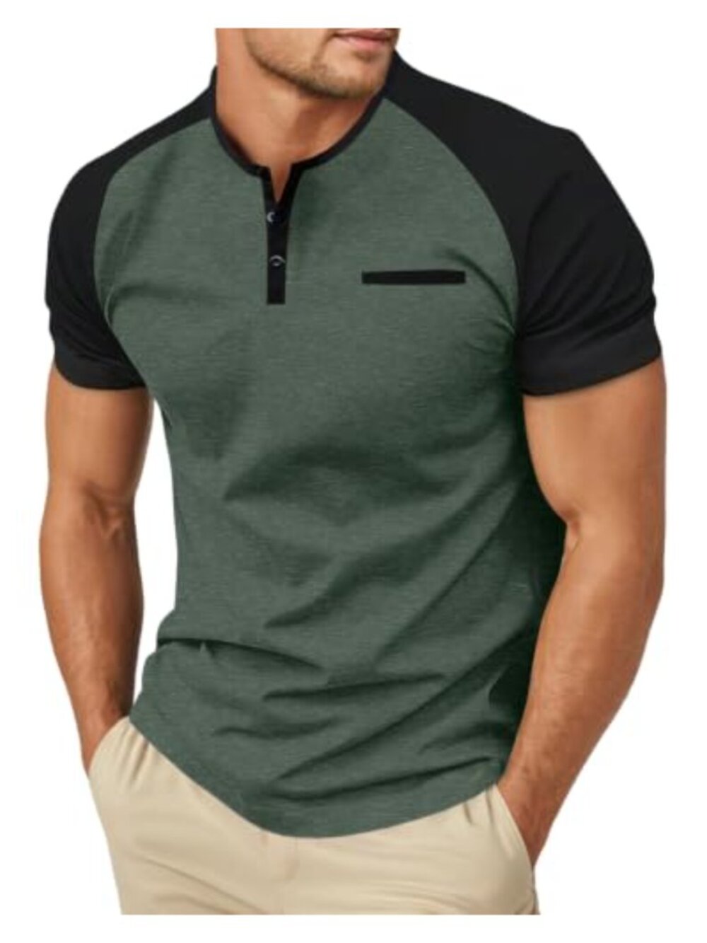 Mens Cotton Henley Shirt Short Sleeve Casual Tee with Pocket
